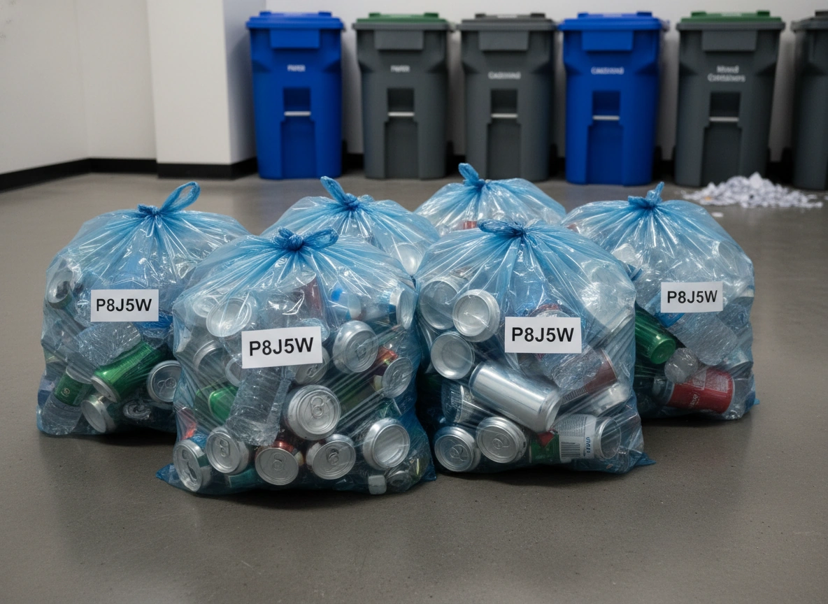 A clean Edmonton condo recycling room with two wheelie bins and a service elevator