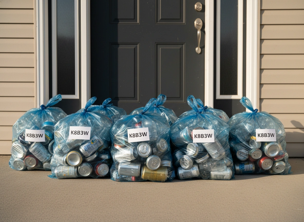 Blue recycling bags of bottles and cans on a front porch in Fort Saskatchewan, Alberta