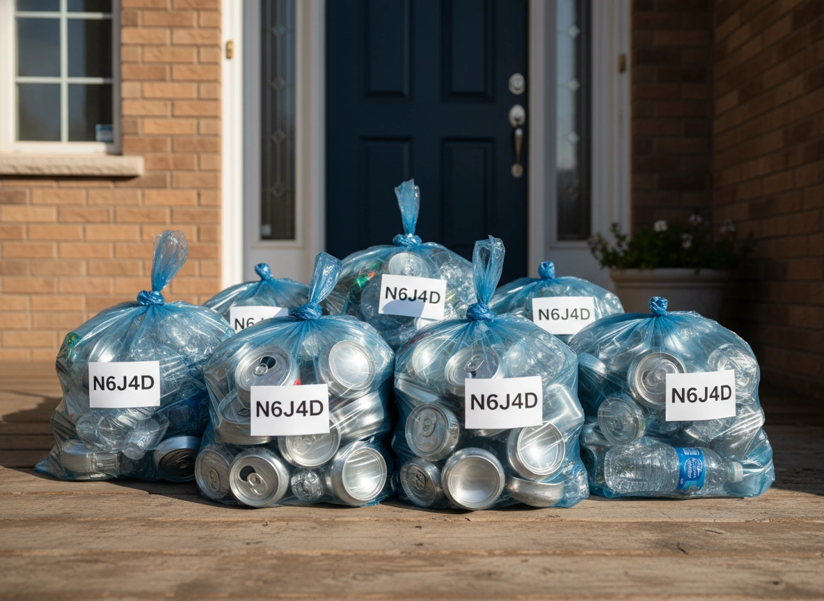 Blue recycling bags of bottles and cans on a front porch in Leduc, Alberta