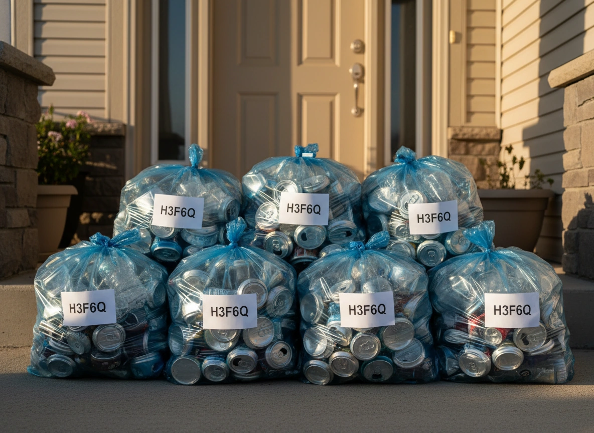 Blue recycling bags of bottles and cans on a front porch in Spruce Grove, Alberta