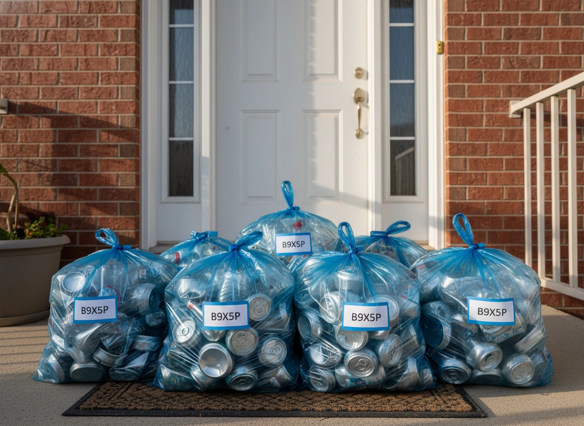 Blue recycling bags of bottles and cans on a front porch in St. Albert, Alberta