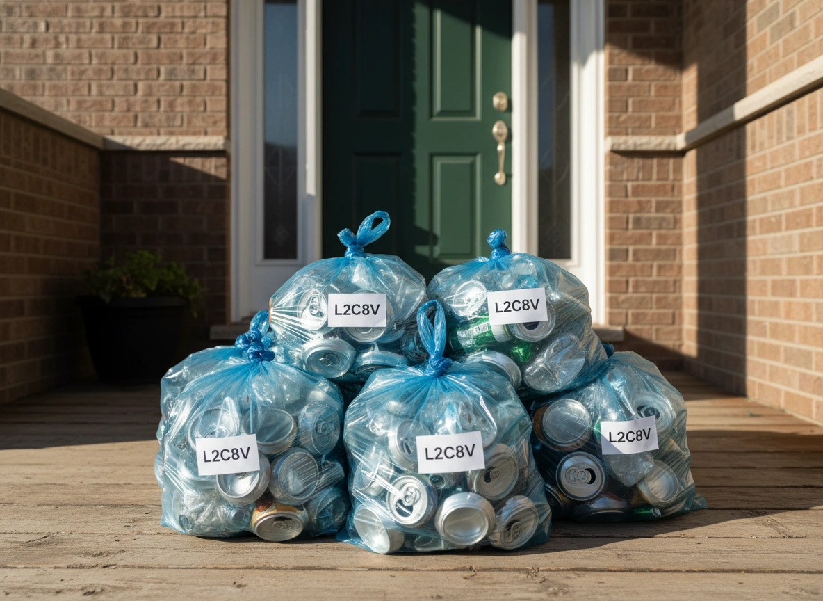 Blue recycling bags of bottles and cans on a front porch in Stony Plain, Alberta