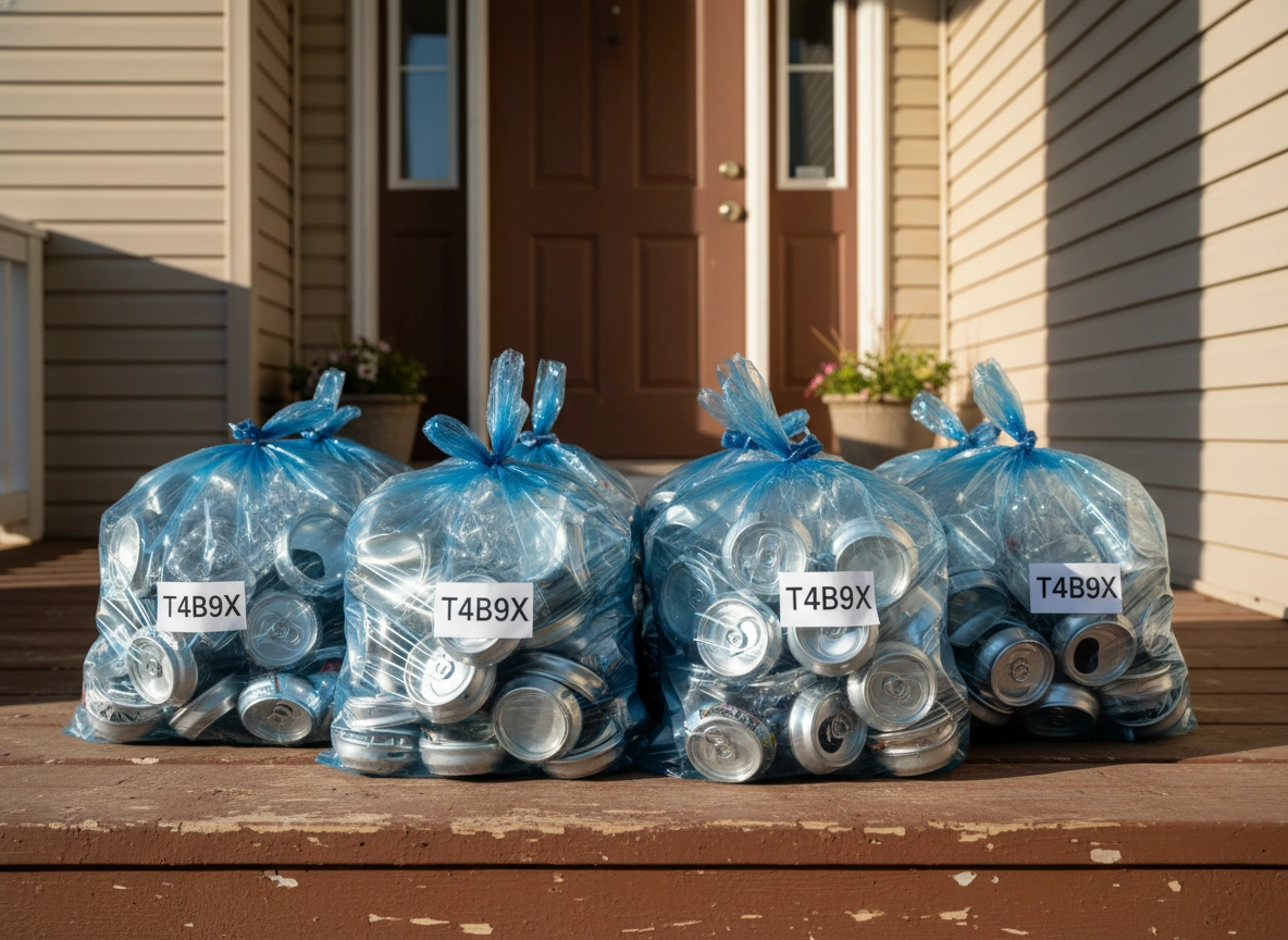 Three clear recycling bags on a residential driveway in an Edmonton suburb at golden hour